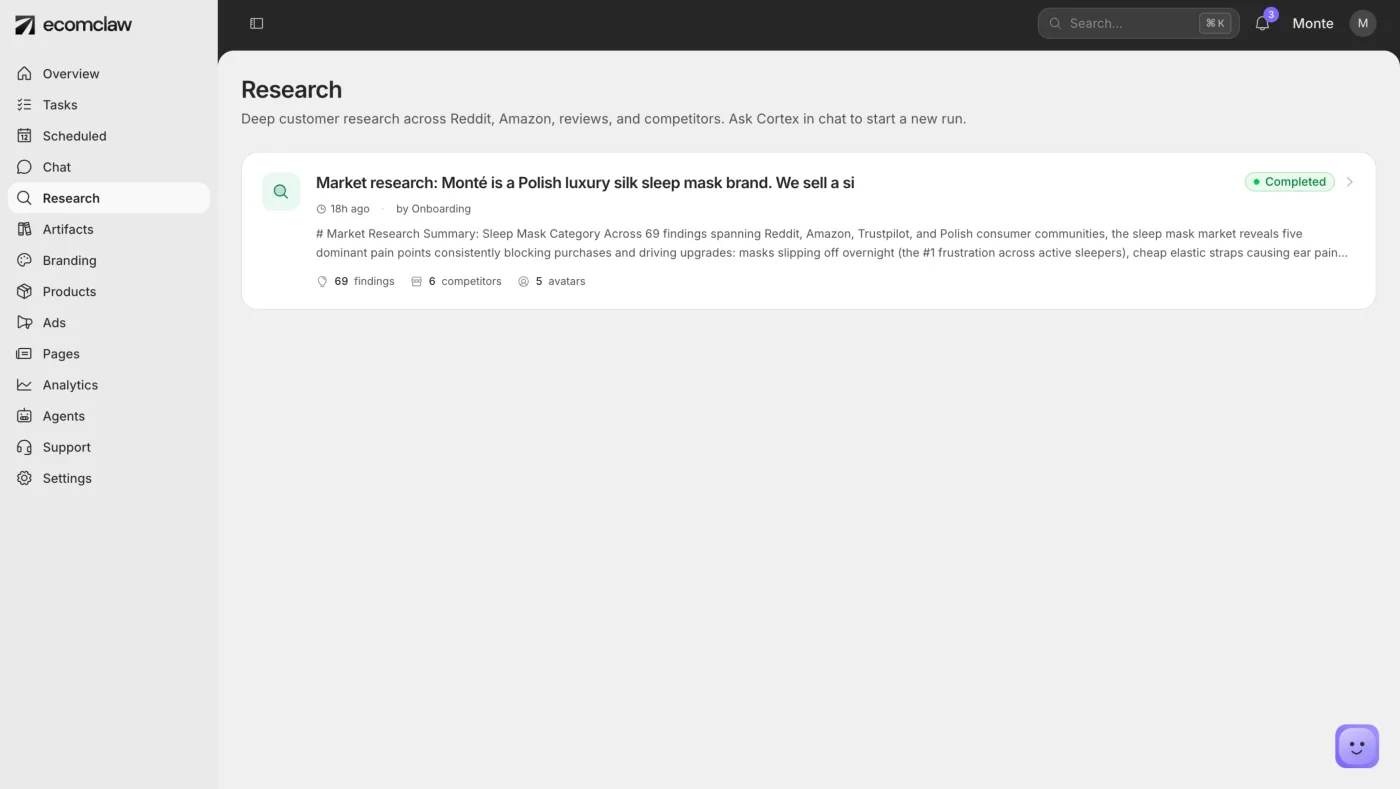 EcomClaw dashboard showing research workflow results.