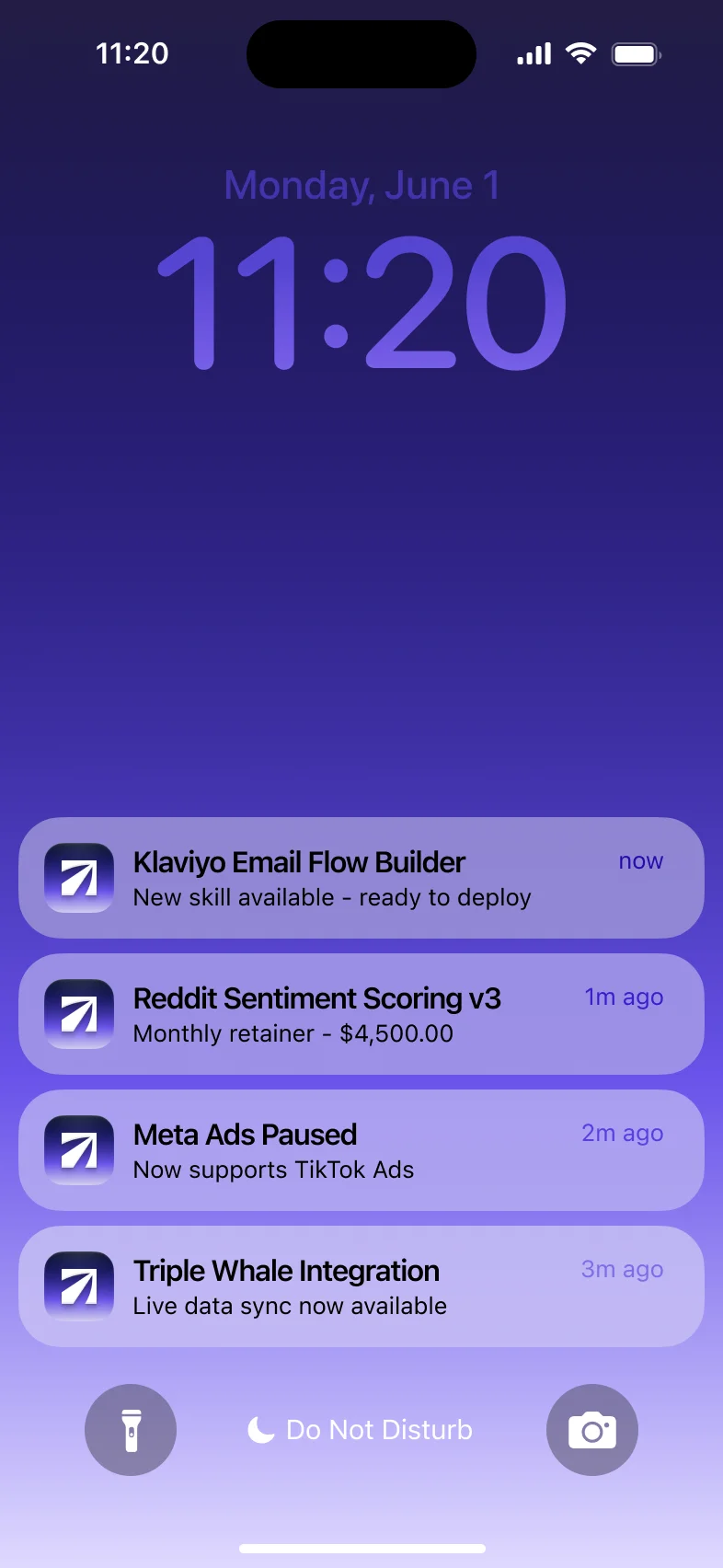 EcomClaw notification stack showing newly available skills and integrations.